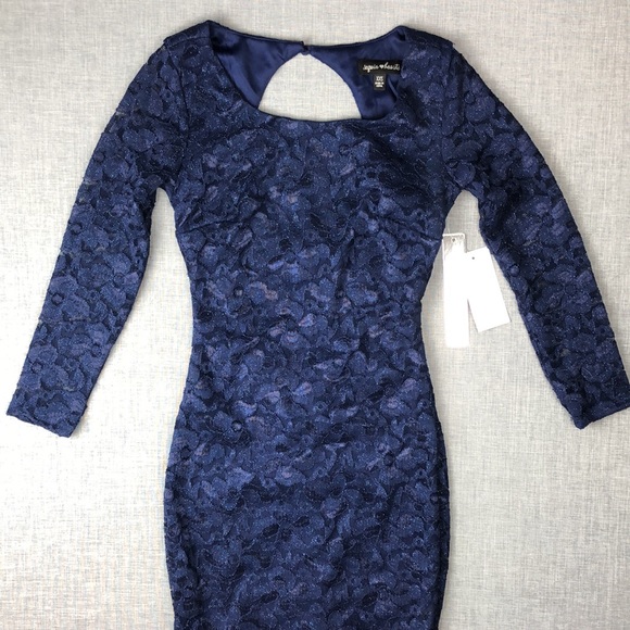 Sequin Hearts Navy Lace Bodycon Dress Juniors XXS - Picture 2 of 6
